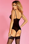 Seductive Black Peek-a-Boo Three Piece Bustier, Thong and stocking